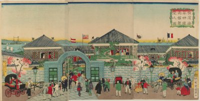 Obraz prosperity obchodních podniků podél Nakadouri na Jokohamě, éra Meidži, 1870 (barevný dřevoryt) od Kuniteru II Utagawa