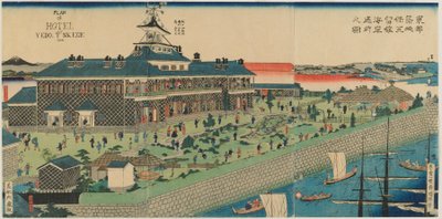 Přímořská zahrada hotelu Tsukiji ve východním hlavním městě, éra Meidži, 1868 (barevný dřevotisk) od Kuniteru II Utagawa