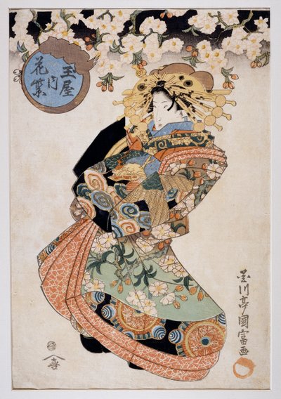 Kurtizána Hanamurasaki z čajovny Tamaya, ca 1830, umělecký tisk Ukiyo-e od Utagawy Kunitomi (aktivní 1810-1830), dřevoryt Oban-tate-e, 38,2x26,5 cm, japonská civilizace od Kunitomi Utagawa