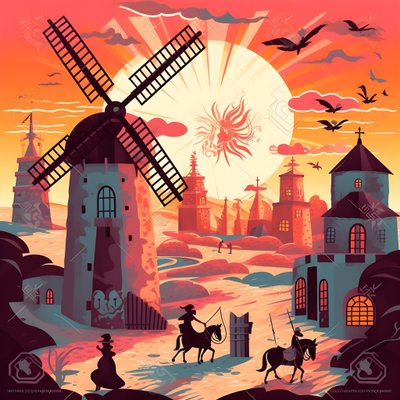 Pozadí Don Quijote zcela vpravo na svém oslu malém jako stín, před větrnými mlýny, vhodné pozadí 2 od Kurt Heppke
