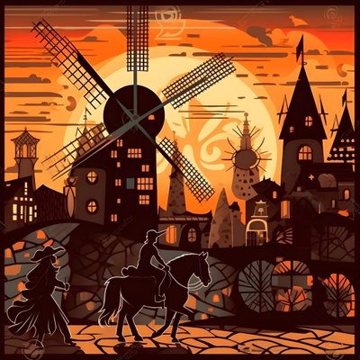 Pozadí Don Quijote zcela vpravo na svém oslu malém jako stín, před větrnými mlýny, vhodné pozadí 4 od Kurt Heppke