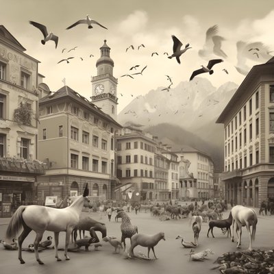 Innsbruck na staré fotografii s elegantními zebrami, racky, opicemi a hliněnými postavami. 1 od Kurt Heppke
