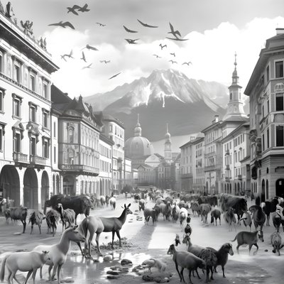 Innsbruck na staré fotografii s elegantními zebrami, racky, opicemi a hliněnými postavami. 2 od Kurt Heppke