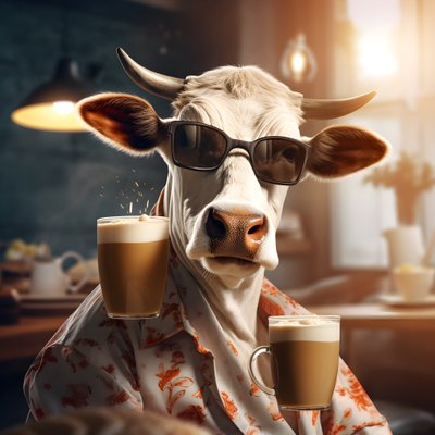 Lehmä aurinkolasit katsomassa kylmää kahvia 1 od Kurt Heppke