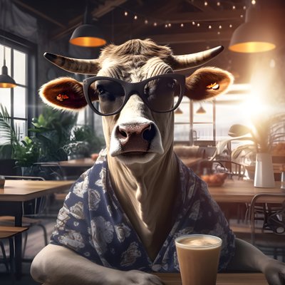 Lehmä aurinkolaseilla ja katsomassa kylmää kahvia 3 od Kurt Heppke