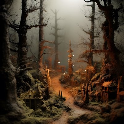 Miniaturní tilt-shift halloweenský les se zamlženými stromy a strašidelnou atmosférou 4 od Kurt Heppke