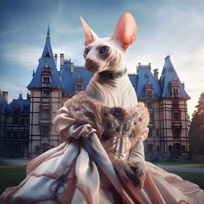 Kočka Sphynx v plesových šatech na pozadí nádherného paláce ve středověkém stylu 3 od Kurt Heppke