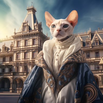 Kočka Sphynx v plesových šatech na pozadí nádherného paláce ve středověkém stylu 4 od Kurt Heppke