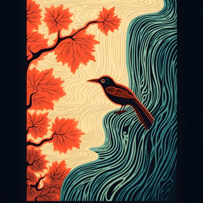 Ultra-minimalistická ilustrace barevného tropického ptáka sedícího na rozvětvené rostlině před horským potokem s krásným vodopádem 4 od Kurt Heppke