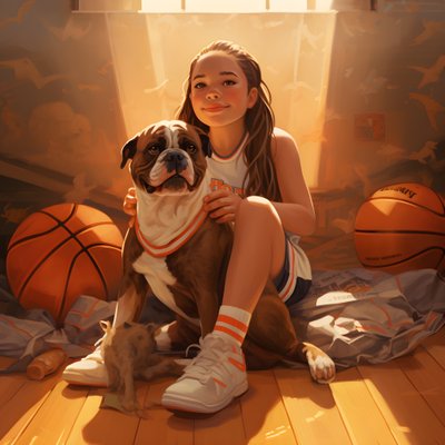 10letá dívka sedí na podlaze a čeká se svým psem a drží složku s obrázkem 4 od Kurt Heppke