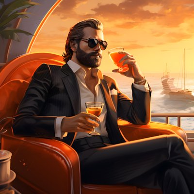 rikas mies, hyvin pukeutunut, istuu yksityisellä risteilyaluksella ja juo cocktailin 4 od Kurt Heppke