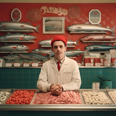 surrealistický obraz polského obchodníka s rybami z 50. let 1 od Kurt Heppke