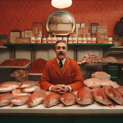 surrealistický obraz polského obchodníka s rybami z 50. let 3 od Kurt Heppke