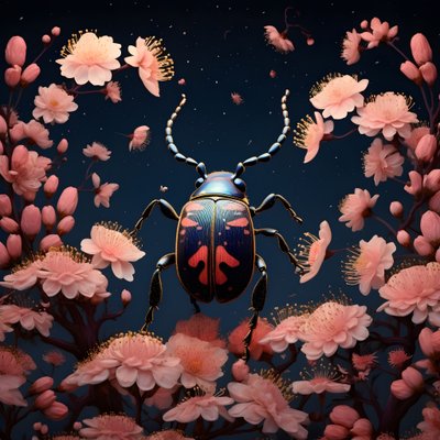 ilustrace ilustrovaného brouka s houbami v pozadí 2 od Kurt Heppke
