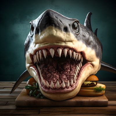 velký cheeseburger se žraločí hlavou s hovězím masem na dřevěné desce 1 od Kurt Heppke
