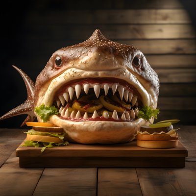 velký cheeseburger se žraločí hlavou s hovězím masem na dřevěné desce 2 od Kurt Heppke