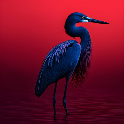 digitální výtvarné umění synthwave exotické kobaltově modré volavky na červeném papíře 3 od Kurt Heppke