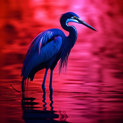 digitální výtvarné umění synthwave exotické kobaltově modré volavky na červeném papíře 4 od Kurt Heppke