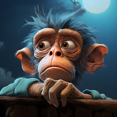 toto je kresba opice joey s okem ve stylu emotivních surrealistických studií postav, kolorované, zádumčivé pózy, topcor 58mm f/1.4, ilustrace připomínající karikaturu, #vfxfriday, solarizační mistr 3 od Kurt Heppke