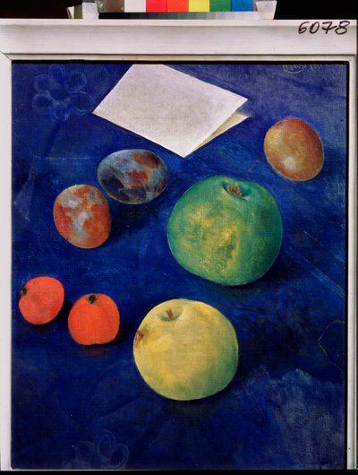 Ovoce na modrém ubrusu. Malba Kuzmy Sergejeviče Petrova Vodkina (Petrov-Vodkin) (Kouzma Petrov Vodkin) (Petrov-Vodkin) (1878-1939), olej na plátně od Kuzma Sergeevich Petrov Vodkin