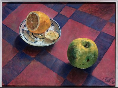 Jablko a citron. (Jablko a citron). Malba Kuzmy Sergejeviče Petrova Vodkina (Petrov-Vodkin) (Kouzma Petrov Vodkin) (Petrov-Vodkin) (1878-1939), olej na plátně od Kuzma Sergeevich Petrov Vodkin
