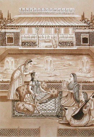 Indka na záchodě, počátek 19. století (sépiový tisk) od L.A. and Morret J.B. Lecerf