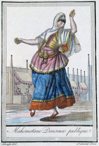 Mohamedánský tanečník pro veřejnost – v „“Encyclopédie des voyages”” od J. Grasset St Sauveur, ed. Deroy, Paříž od L.F. Labrousse