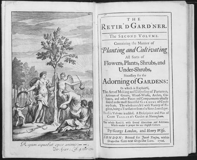 Frontispis k The Retird Gardener od George Londona a Henryho Wise, vyrytý Van der Guchtem, 1706 (černobílá fotografie) od L. Laguerre
