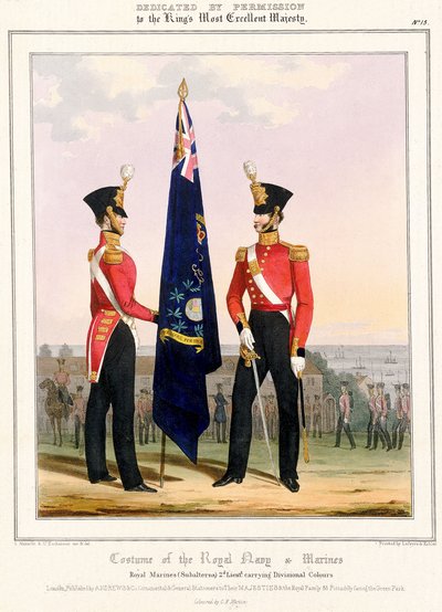 Kostým královského námořnictva a námořní pěchoty. Royal Marines (Subalterns) 2d. Lt., cca 1832 (kolorovaná litografie) od L. and Eschauzier St. Mansion