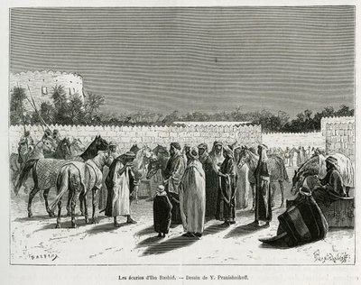 Stáje emíra Muhammada Ibn Abdullaha Al Rashida, ilustrace z „Pouti do Nejd, kolébky arabské rasy“, publikované v 