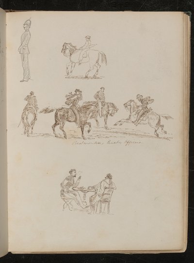 Voják v plné uniformě, studie mladíka s rybářským prutem na koni, čtyři muži na koních s nápisem „Piedmontese Cavalry Officers“ od Lady Butler