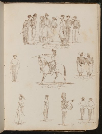 Studie osmi vojáků s nápisem „Piemontese vojáci“, „dobrovolný důstojník“, dva „francouzští vojáci na linii“ od Lady Butler