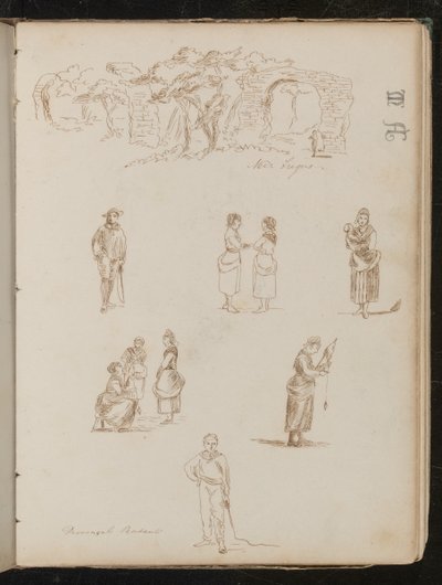 Studie krajiny se stromy a zničenými oblouky s nápisem „Near Frejis“, šest studií postav s nápisem „Provensálští rolníci? od Lady Butler