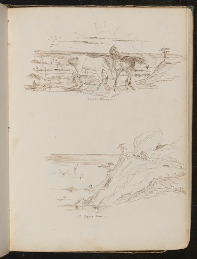 Studie dvou koní v krajině s nápisem „Wild Horses“, studie pobřežní scény a útesu s nápisem „klikatá cesta“ od Lady Butler
