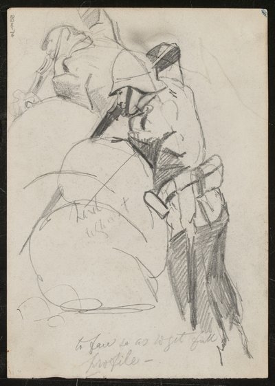 Dva vojáci střílející dolů přes pytle s pískem, s nápisem „čelem tak, aby získali úplný profil“, 1879 od Lady Butler