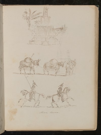 Vodní fontána v listí, studie tří spojených sourozenců, studie dvou vojáků na koni s nápisem „Novare Lancers“ od Lady Butler