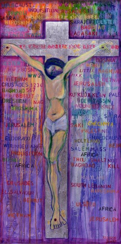 Nezabiješ, 2000 (akryl a plátkové stříbro na plátně) od Laila Shawa