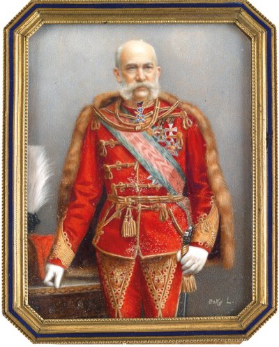 Portrét Františka Josefa I. Rakouského (1830-1916), v maďarské uniformě. Dílo Lajose Oska (1865-1922), akvarel a kvaš na rohu. Maďarské umění, akademické umění. Soukromá sbírka. od Lajos Osko