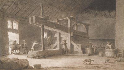 Vinařský lis Monsieur Dittyla, mimo Nantes, kolem 1670 (pero a inkoust s mytím na papíře) od Lambert Doomer
