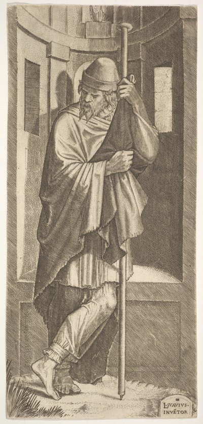 Svatý Jakub Major opřený o tyč před výklenkem, levou nohu zkříženou přes pravou, z..., 1545. od Lambert Suavius