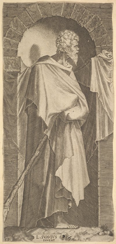 Jakub Menší v obloukovitém výklenku, v rukou drží hůl, které jsou c..., 1545. od Lambert Suavius