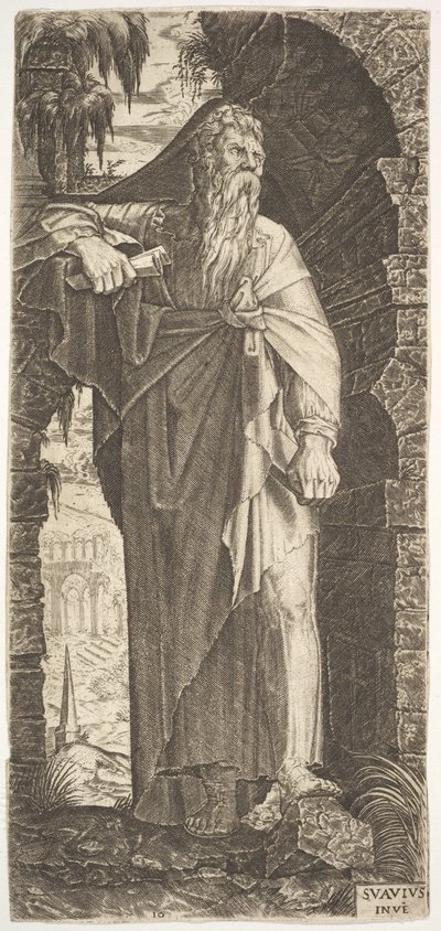 Svatý Pavel stojící pod zarostlým obloukem, levá noha opřená o skálu, pravá ruka..., 1545. od Lambert Suavius