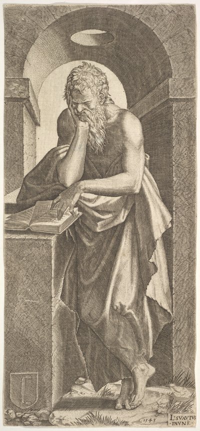 Sv. Šimon stojící před otevřenou knihou s prsty levé ruky přitisknutými na ..., 1545. od Lambert Suavius