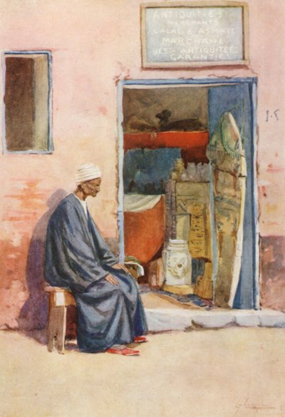 Lidé Egypta: (barevná litografie): Prodejce starožitností, Baia Antikat od Lance Thackeray