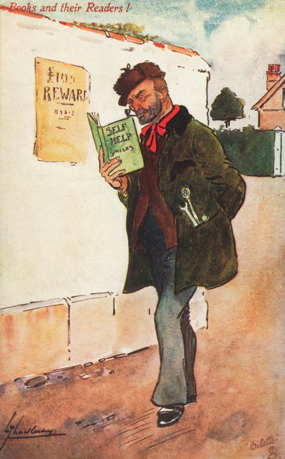 Dělník čtoucí svépomocnou knihu (barevné litho) od Lance Thackeray
