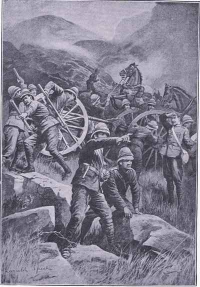 Na svahu se převrátila zbraň, z After Pretoria: The Guerilla War vydané nakladatelstvím Harmsworth Bros Limited, 1901 od Lancelot Speed