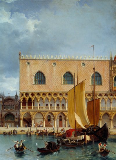 Námořní obchod před Dóžecím palácem. Detail pohledu na část vévodského paláce a piazzettu v Benátkách. Obraz Theodora Turpina De Crisse (1782-1859) od Lancelot Théodore Turpin de Crissé de Crissé