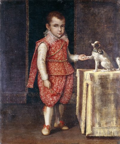 Portrét chlapce, celovečerní, ve stříbrně vyšívaném červeném kostýmu, držícího tlapu španěla na stole, od Lavinia Fontana