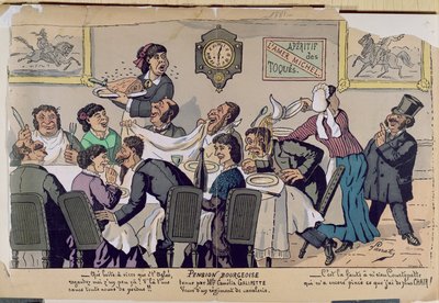 Středotřídní penzion, karikatura, 1881 (barevná rytina) od Lavrate