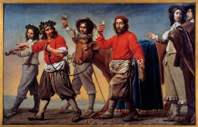 Procesí tučného hovězího říká také festival vína. Obraz od mistra Du Cortege Du Belier od Le Nain Brothers